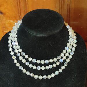 Multi Strand Necklace Aurora Borealis Vintage 3 Strand Crystal Glass Faux Pearl